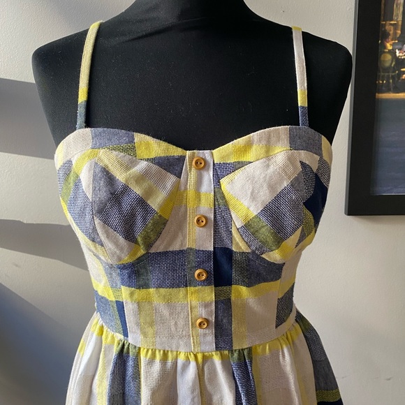 Yellow Navy Plaid Sun Dress Size XS /S - Picture 2 of 6